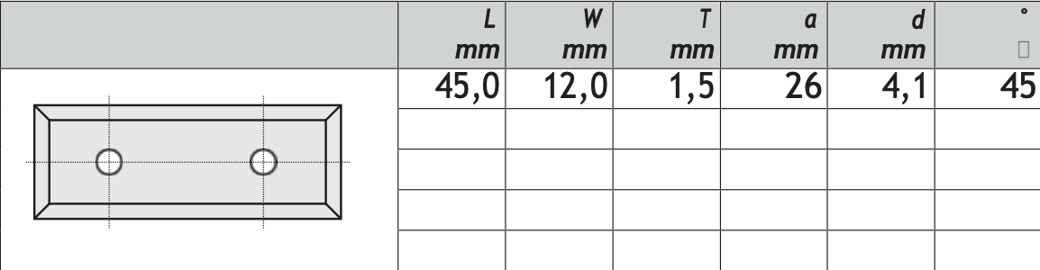 HM Wendeplatten Z4 (2-Loch) 45 x 12 x 1,5 mm, 45° Qualität MG18 - 10 Stück